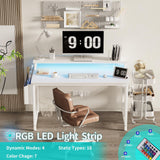Lufeiya White Computer Desk with LED Lights and Power Outlets, 40 Inch Home Office Desks with Monitor Stand, Teen Writing Study Table Gaming Desk with Charging Station, White Lufeiya