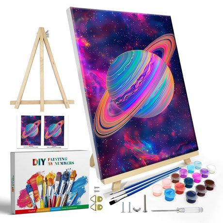 JOOZ Paint by Numbers Kit for Adults with Frame, Planet Paint by Number with Easel, DIY Color Planet Oil Painting by Numbers, Easy Adult Paint by Number Kits on Canvas for Home Wall Decor 8x12 Inch JOOZ