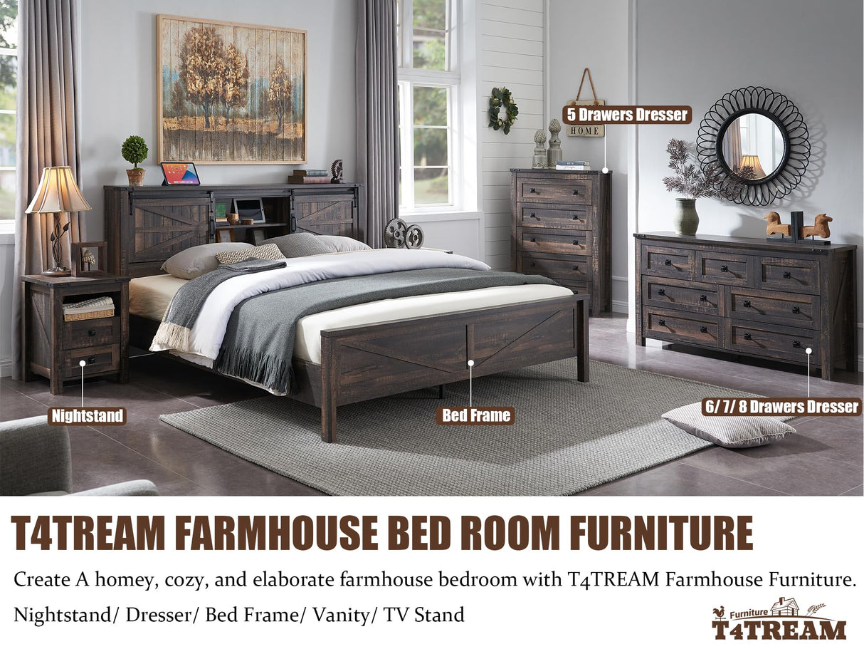 T4TREAM Nightstand with Charging Station, End Table, Side Table with 2 Drawers Storage Cabinet for Bedroom, Living Room, Farmhouse Design, Wood Rustic, Dark Rustic Oak T4TREAM