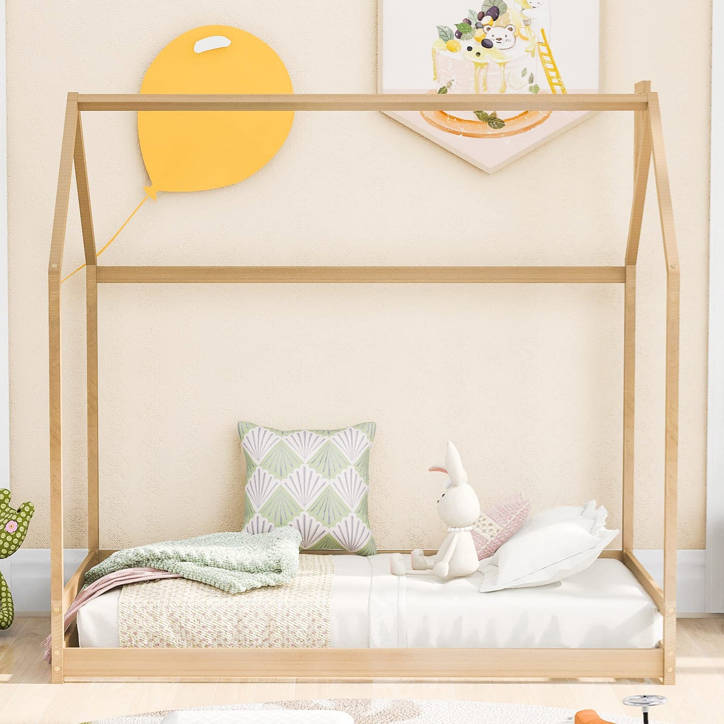 Montessori Twin House Bed with Roof for Kids - Natural Wooden Floor Bed by Harper & Bright Designs - WoodArtSupply