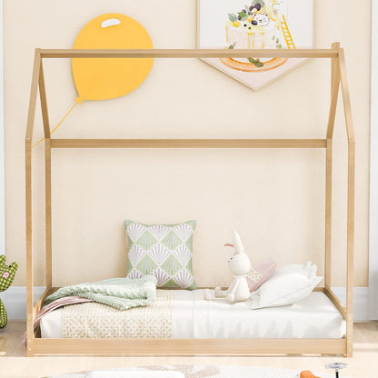 Montessori Twin House Bed with Roof for Kids - Natural Wooden Floor Bed by Harper & Bright Designs - WoodArtSupply