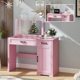 FOMNEY Farmhouse Vanity Desk with Flip Top Mirror, 43.3" W Makeup Vanity with Drawers, Storage Cabinet, Dressing Make Up Vanity Table for Bedroom, Wood Home Office Desk, Pink FOMNEY