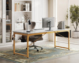 ODK Computer Desk Large Office Desk, 63 Inch Gaming Desk with Storage, Modern PC Desk Work Table with Headphone Hook for Home Office, Splice Board, White Marble + Gold Leg ODK