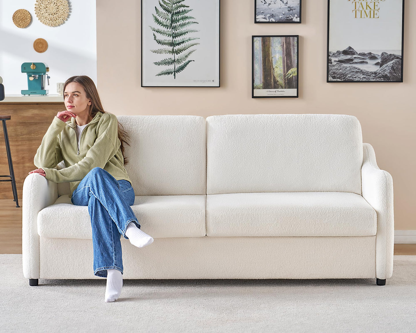 VanAcc Modern Sofa, 3 Seater Sofa with Curved Armrest, Extra Deep Sofa with Bridgewater Style, Comfy Sofa Couch for Living Room, Boucle White Couch