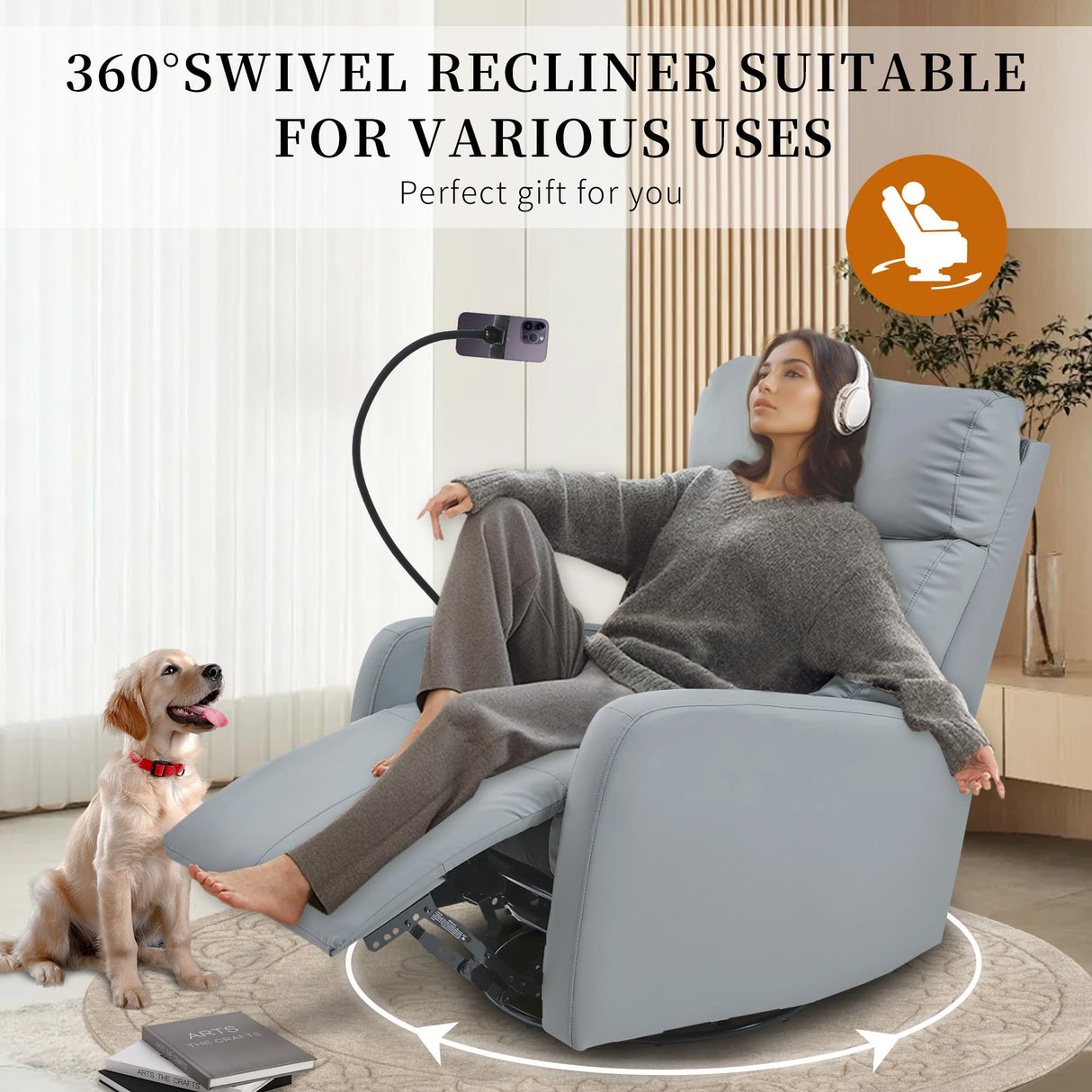 CHSICFOR Manual Swivel Recliner Chair,Nursery Reclining Sofa Chair with Lumbar Support, Adult Soft Padded Faux Leather Glider Recliner with 360° Free Rotation,Removable Phone Holder,Blue Gray CHSICFOR