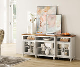 WAMPAT Farmhouse TV Stand for TVs Up to 75 inch, 4-Door Glass and Wood Universal TV Console with 9 Storage Cabinets, White Entertainment Center Table for Living Room Bedroom，White 70'' WAMPAT