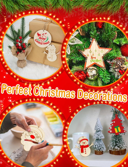 Wohohoho 45Pcs Unfinished Paintable Blank Wooden Christmas Ornaments with Tray, 9 Designs DIY Predrilled Wood Ornaments for Crafts. Christmas Tree Hanging Decorations Xmas Art Birthday Gift for Kids