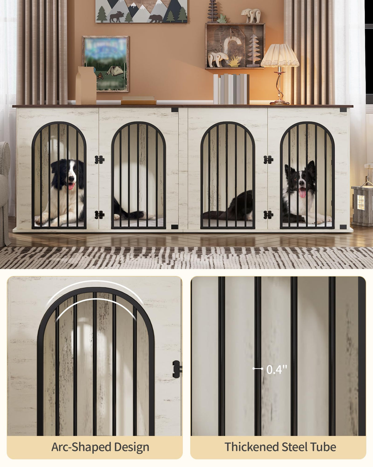 Hzuaneri 88.4" Dog Crate Furniture for 2 Dogs, Heavy Duty Indoor Dog Kennel TV Stand, XXL Wooden Dog Cage with Divider for Medium Large Dogs, End Table Dog Crate with Cushion, White Brown DFC84014BV1 Hzuaneri