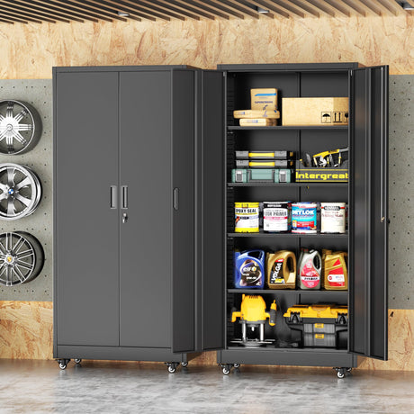 Bonusall Garage Cabinets with Wheels, 73" H Metal Locking Cabinet with 2 Doors and 4 Shelves, Storage Cabinet on Wheels for Home Office,Warehous, School(Black Bonusall