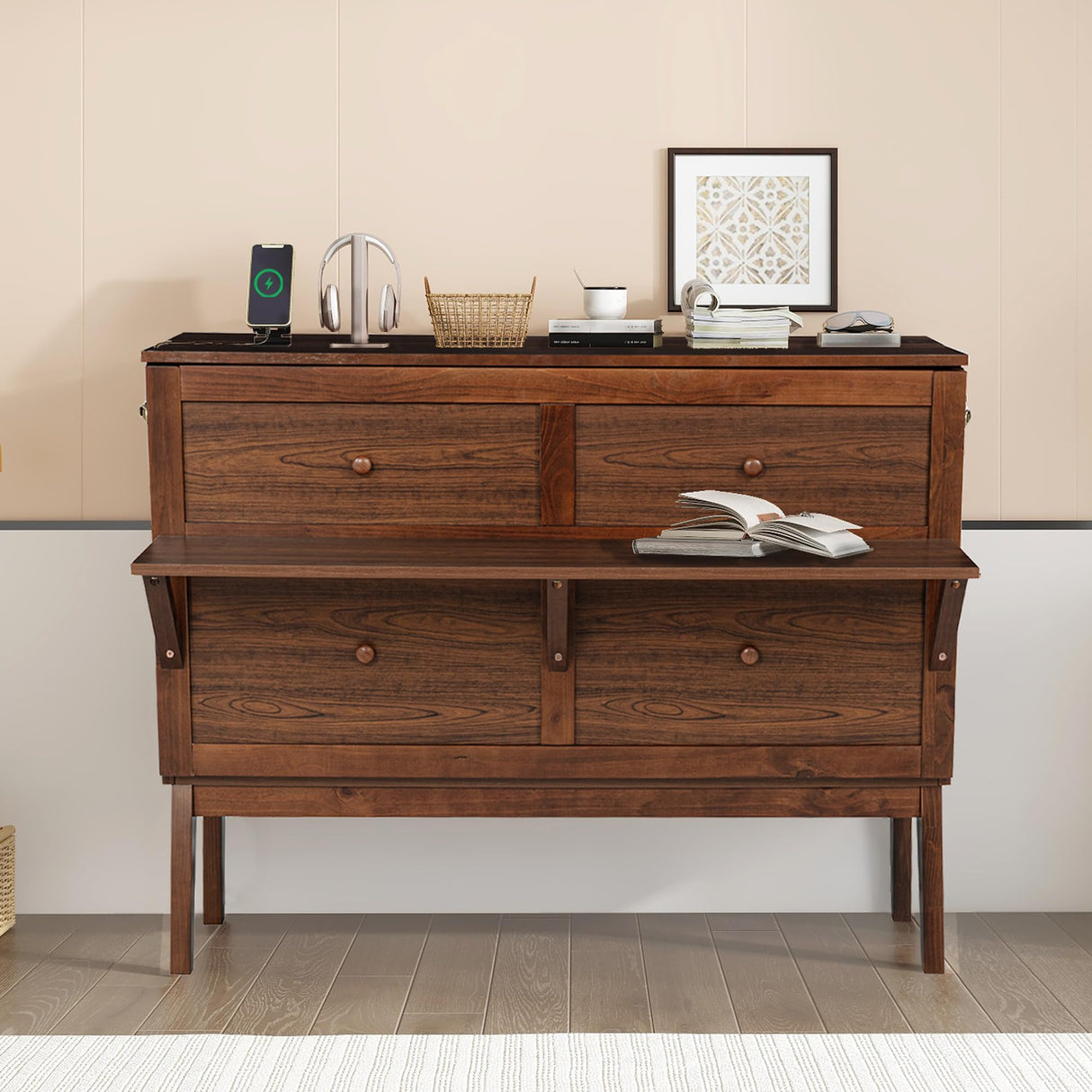 KEIKI Full Size Murphy Bed Cabinet - Pine Folding Bed with USB Charging, Removable Shelves & Desktop, Converts to Cabinet (Mattress Not Included), Walnut KEIKI