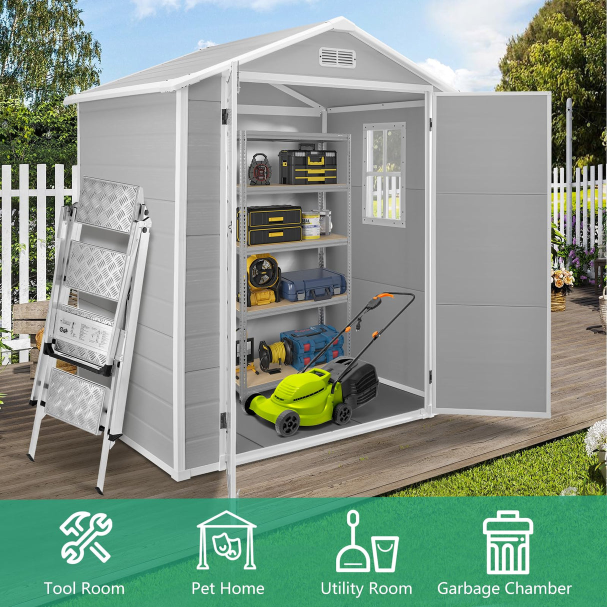Seizeen 6x4.4ft Resin Shed with Floor, Waterproof Outdoor Plastic Garden Shed with Lockable Doors, Window & Vents, Outdoor Storage Shed for Storing Patio Furniture, Tools, Bike and Lawn Mower (Gray) Seizeen