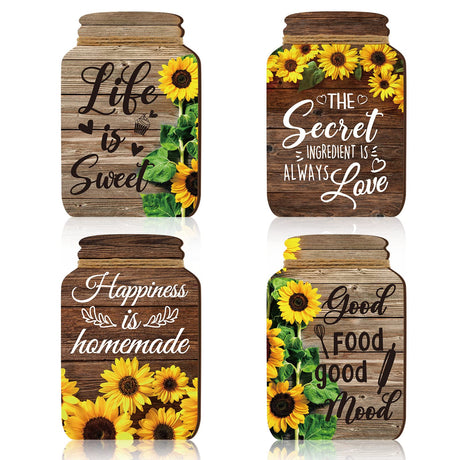 4 Pcs Kitchen Wall Decor Mason Jar Set Wooden Rustic Home Decor Inspirational Kitchen Hanging Farmhouse Wall Signs for Home decoration(Sunflower) Qunclay