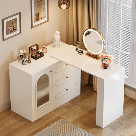 Tribesigns Extendable Vanity Desk and Dresser Combo, 78" L Shaped Vanity Table with Cabinet & 3 Drawers, Wood Dressing Table with 3 Side Shelves for Women & Girls Bedroom (Without Mirror) Tribesigns