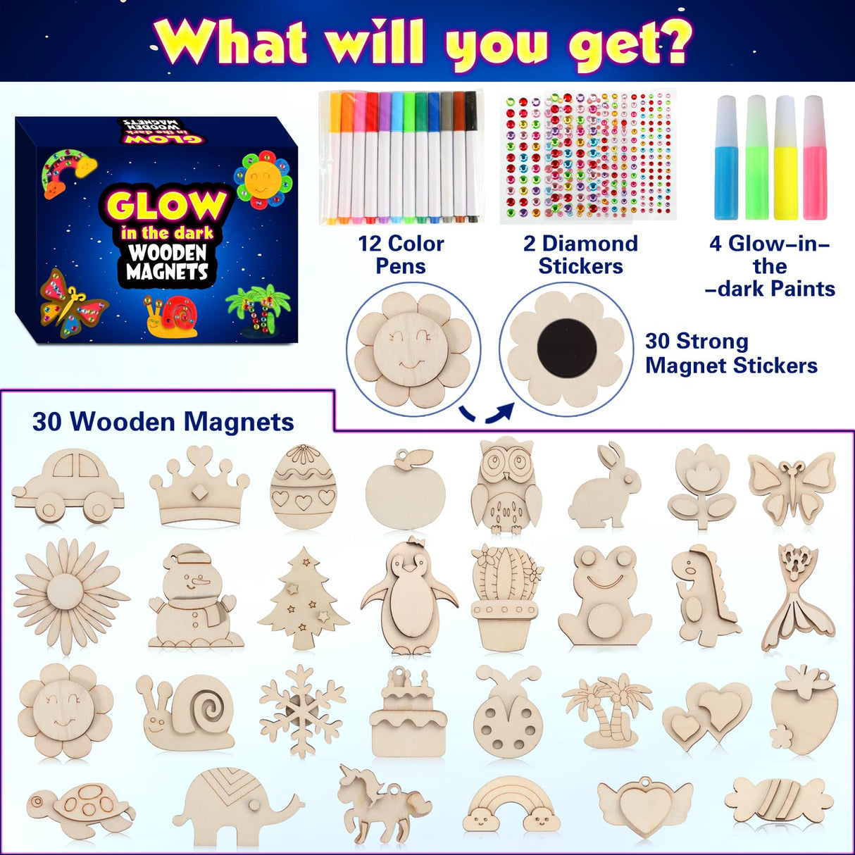 GWAHSA 30pcs DIY Wooden Magnets, Glow in The Dark Wooden Art Craft Supplies Painting Kit for Kids Activities Party Favors for Boys Girls Ages 4-8 8-12 Birthday Gifts Toys Pinata Goodie Bags Stuffers GWAHSA