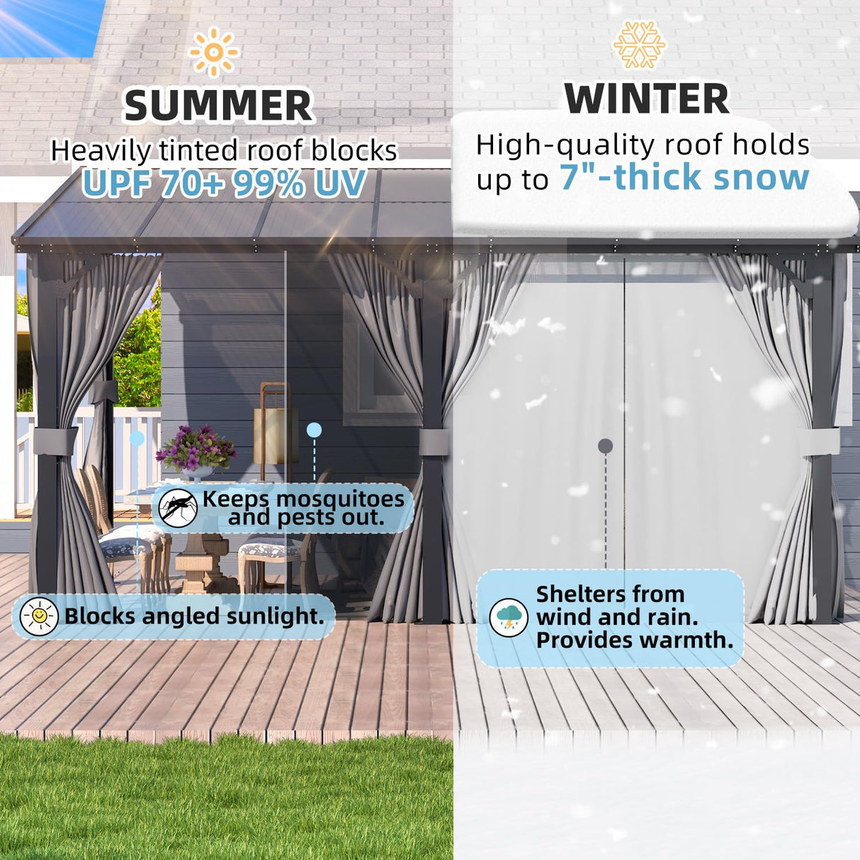 AECOJOY 20' X 12' Gazebo for Patio, Large Wall-Mounted Lean to Pergola Gazebo with Curtains and Netting, 12x20 Hard Top Pergolas and Gazebos on Clearance for Lawn Backyard Garden Deck AECOJOY