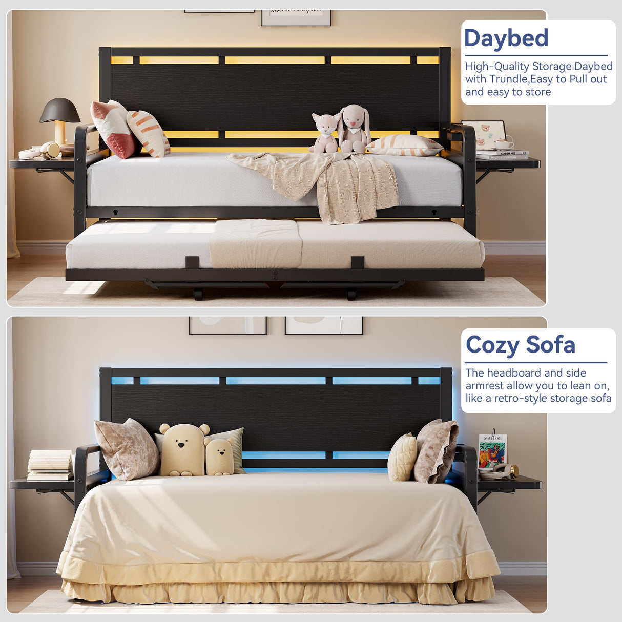 Jocoevol Daybed with Trundle and LED Light, Heavy Duty Metal Twin Bed Frame with Movable Charging Station, Day Bed Pop Up Trundle Bed Twin for Living Room, Bedroom and Guest Room, Black Jocoevol