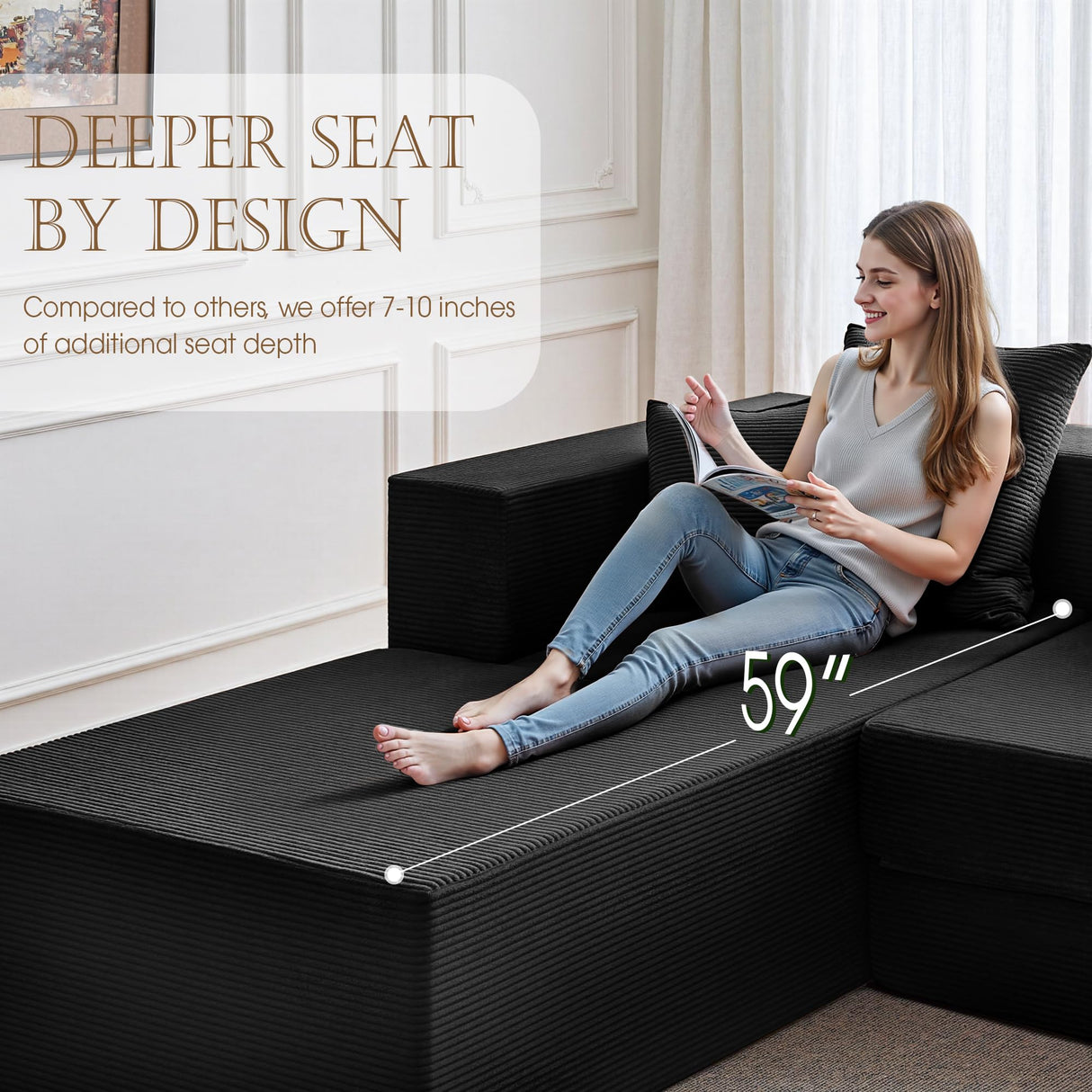 YINIX 106" Sectional Sofa for Living Room, Cloud Couch with 59" Deep Seat, Modern Modular L-Shape Sofa Bed with Chaise, Upholstered Boneless Couches for Bedroom, No Assembly (Black) YINIX