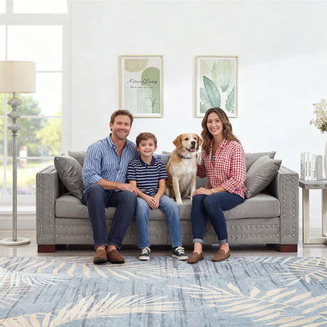 84.5" Wide 3-Seater Velvet Sofa with Storage, Mid Century Modern Chesterfield Couch, Upholstered Love Seat with Deep Seat & Retro Trim Gray Velvet Couch for Living Room, Office, Apartment (Grey) SLEERWAY