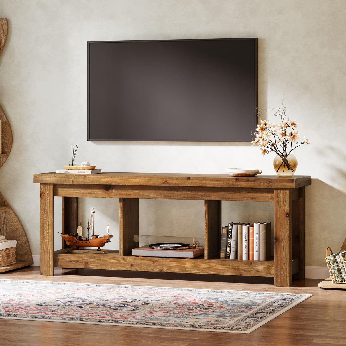 Tribesigns 63" Solid Wood TV Stand, Entertainment Center for 65 inch TVs, Farmhouse Style with 3 Open Storage Shelves, Rustic Brown Console for Living Room Bedroom, Fits 55 60 65 75 Inch Television Tribesigns