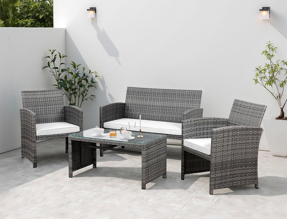 Shintenchi 4 Piece Patio Ratten Set Outdoor Furniture Set Wicker Conversation Set with Cushions and Tempered Glass Tabletop,Beige Shintenchi
