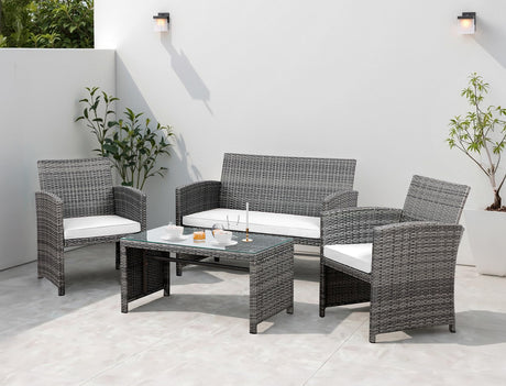 Shintenchi 4 Piece Patio Ratten Set Outdoor Furniture Set Wicker Conversation Set with Cushions and Tempered Glass Tabletop,Beige Shintenchi