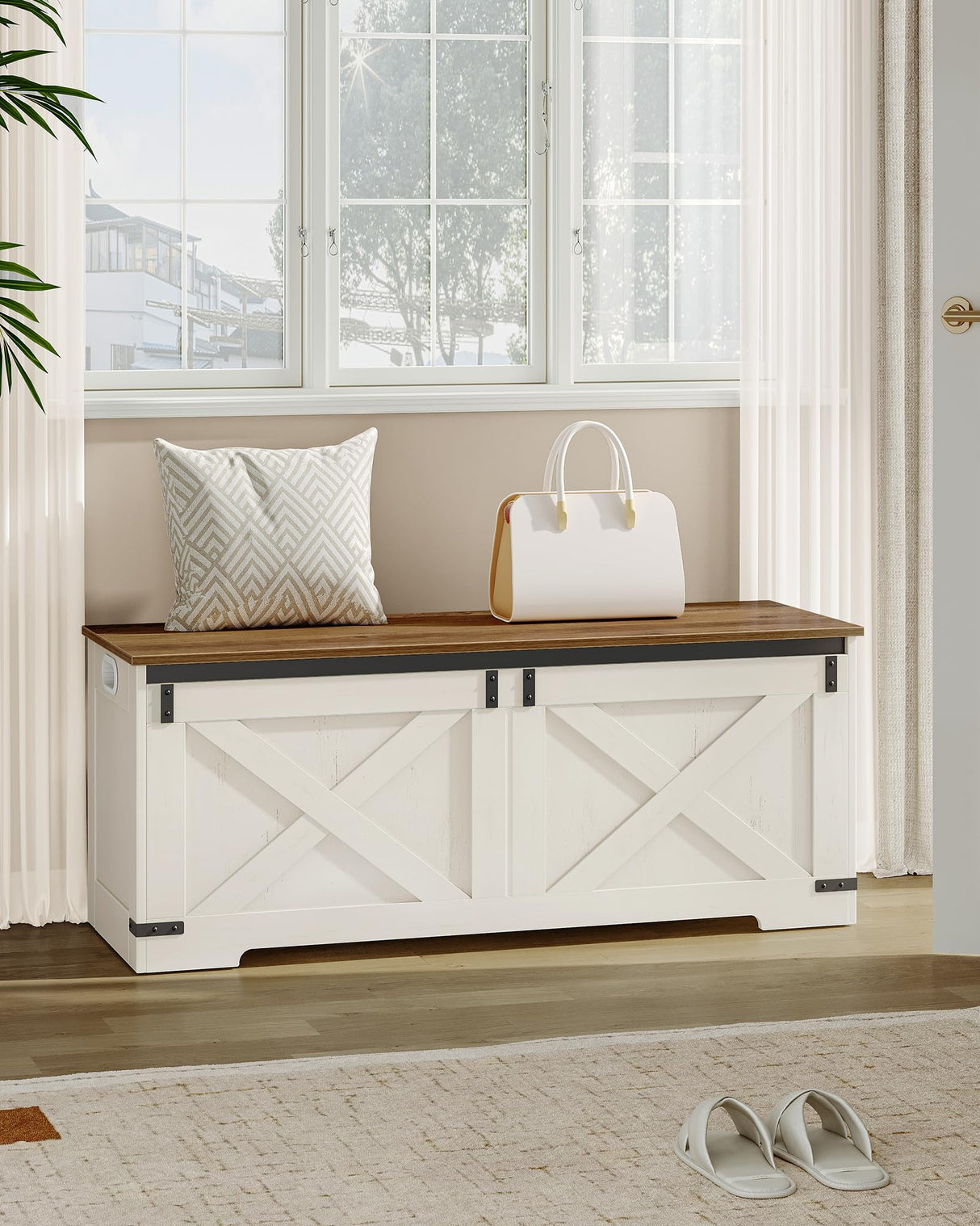 Hzuaneri 47.2" Storage Chest, Large Storage Trunk with 2 Hinges, Farmhouse Wooden Box Bench, Lift-Top Organizer Chest, Entryway Trunk for Bedroom, Living Room, White and Brown SB12114X Hzuaneri