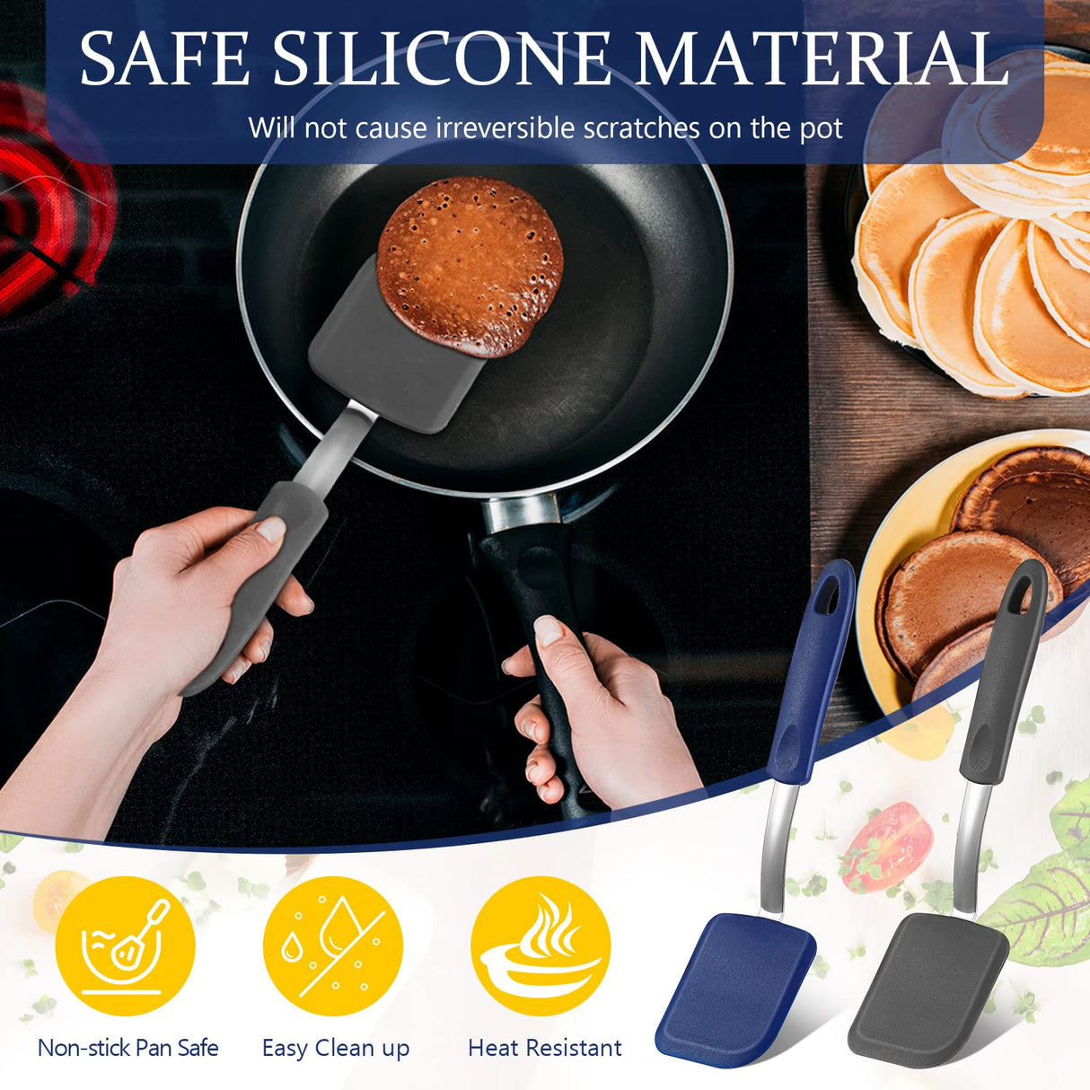 Yetene Silicone Cookie Spatula Turner 2 Pack Mini Brownie Spatula Flexible Kitchen Small Silicone Spatulas for Nonstick Cookware Heat Resistant No Scratch Flipper for Egg Pancake (Gray, Blue) Yetene