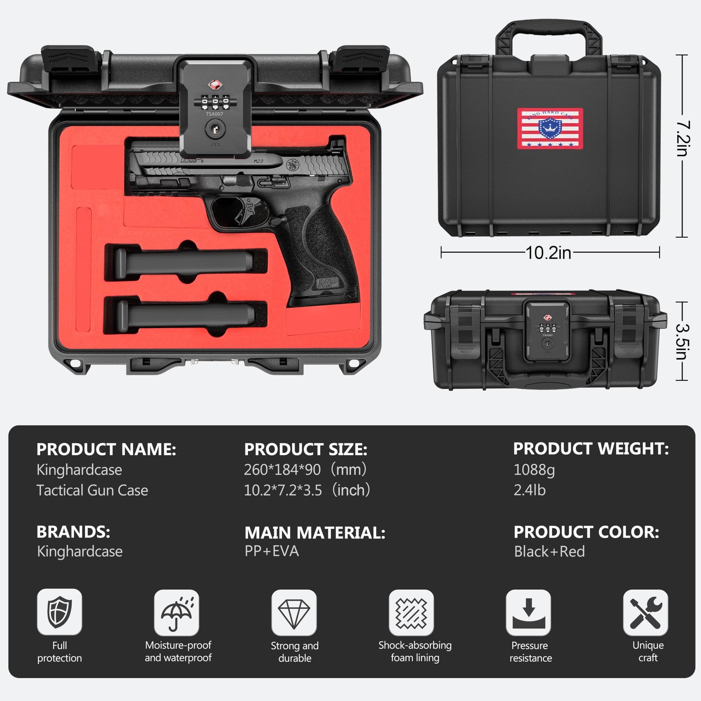 Kinghardcase TSA Combination Lockable Gun Case for Smith & Wesson, Water & Shock Proof Pistol Case Hard Shell Case for S&W M&P 9 M2.0, Smith & Wesson M&P 9 Shield EZ/Shield Plus, M&P 9 M2.0 5"