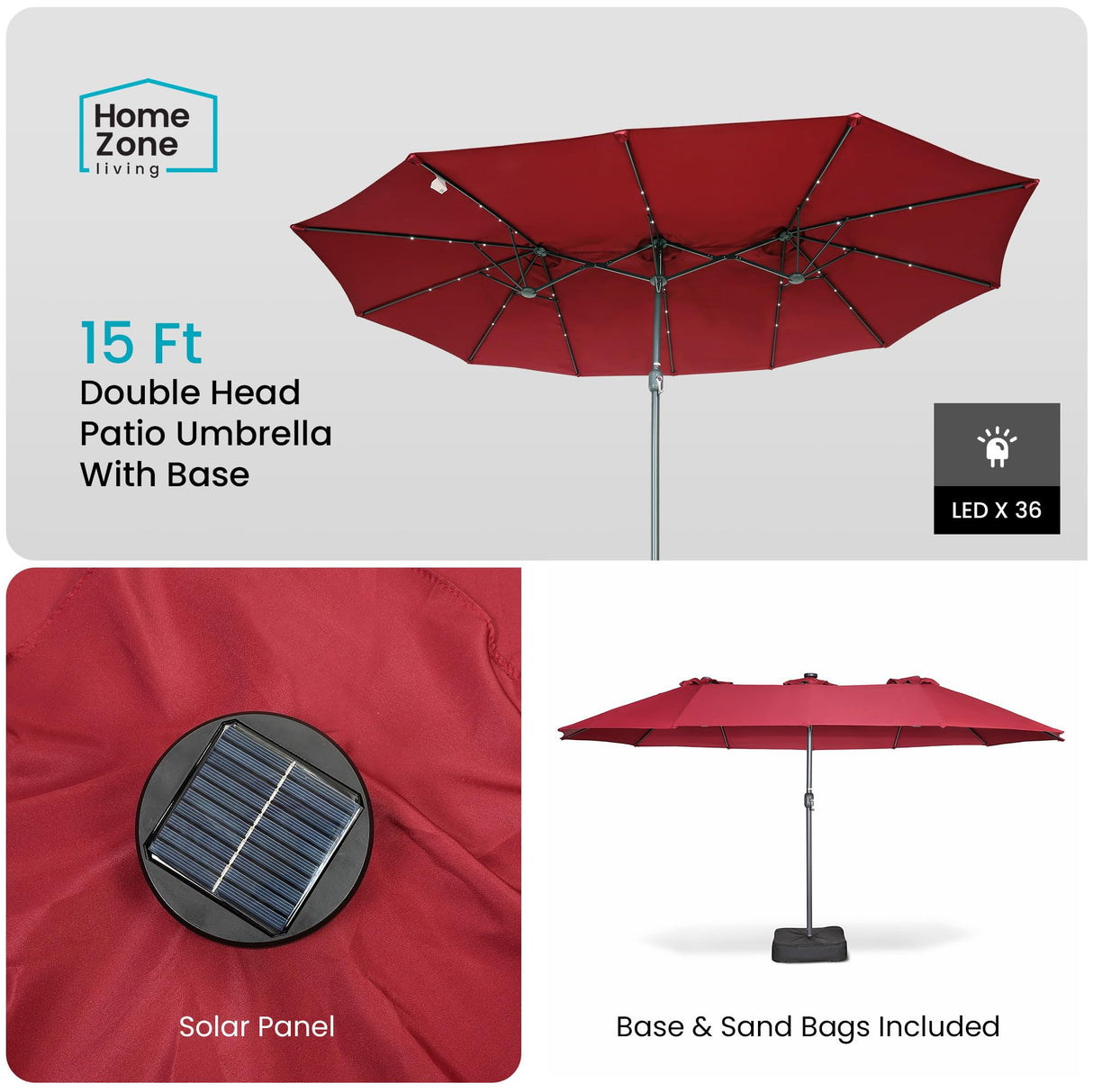Home Zone Living 15x9 Ft Double Head Patio Umbrella with Base, 36 LED Lights, Sand Bags, UV Resistant & Waterproof, 213 LBS Total Weight, Burgundy Red Home Zone Living
