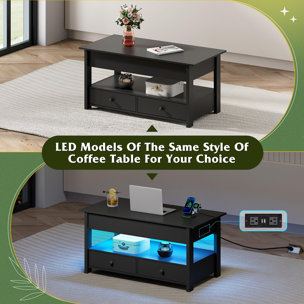 WLIVE Coffee Table, Lift Top Coffee Table with 2 Drawers, LED Light, Large Storage and Open Shelf, Lift Tabletop for Living Room, Black, Black WLIVE