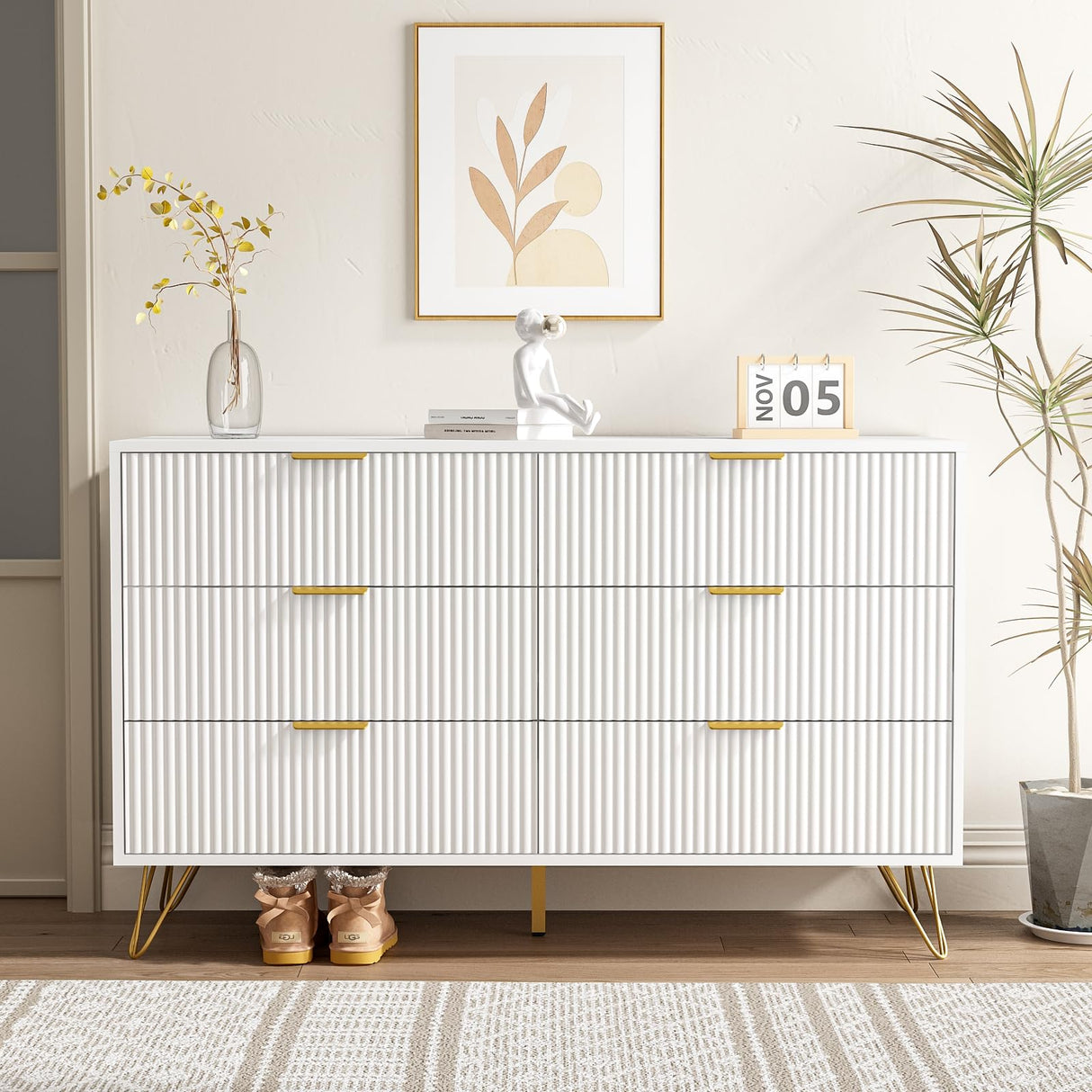 LYNSOM Dresser for Bedroom, Modern 6 Drawer White Dresser with Metal Handles and Wide Drawer, Wood Chest of Drawers for Living Room LYNSOM