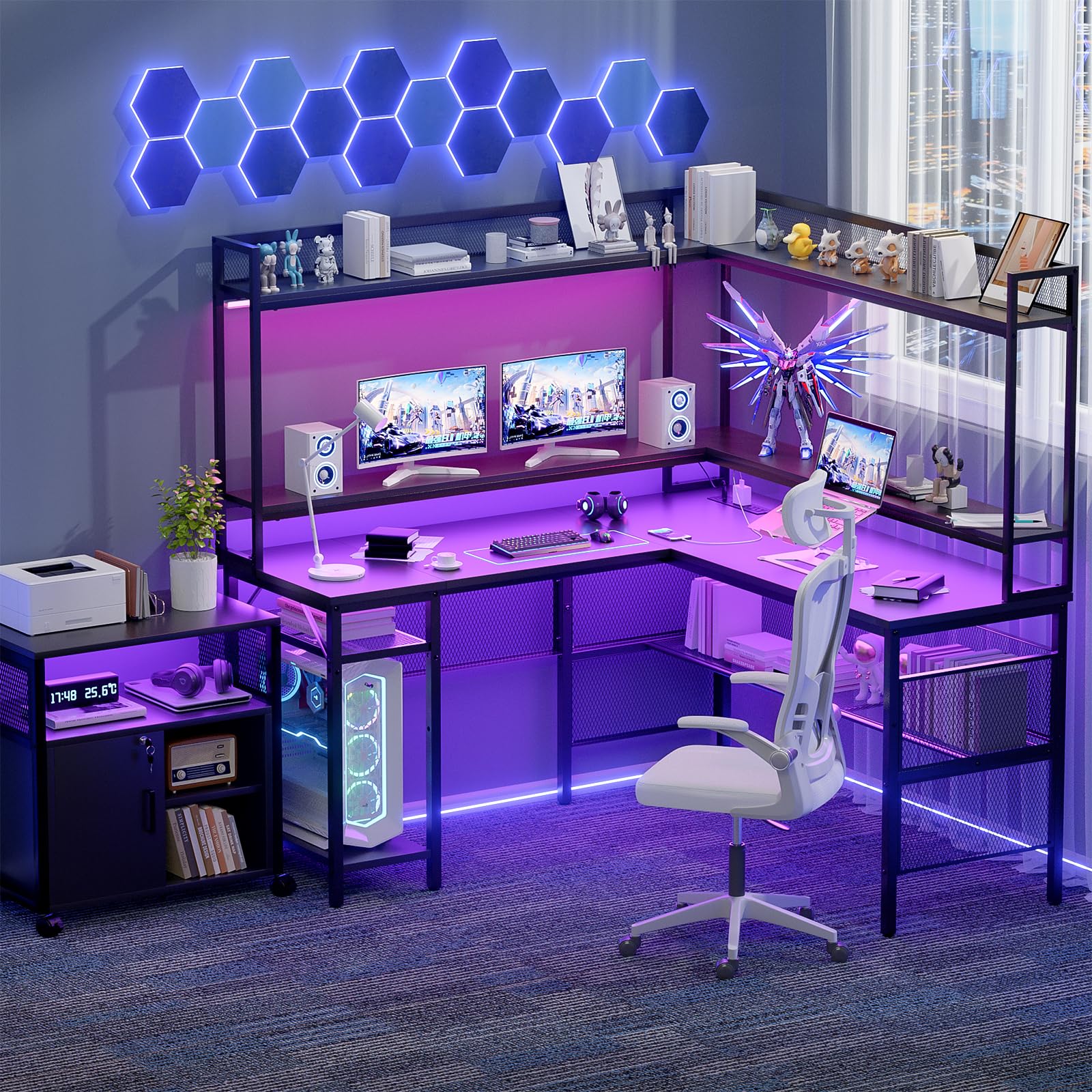 Unikito Reversible L-Shaped Desk with Power Outlets, RGB LED Lights & Storage Shelves in Black - WoodArtSupply