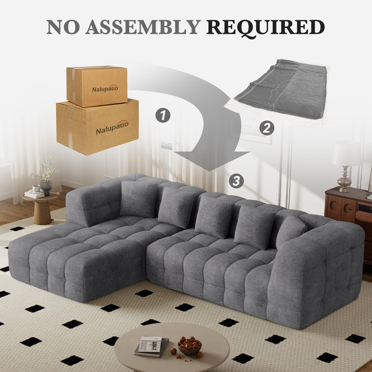 Nalupatio 107" Modern Boneless Couch Cloud Modular Sectional Sofa with L Shaped Chaise, Upholstered Comfy Chenille Couch Bed in a Box,No Assembly Required Nalupatio