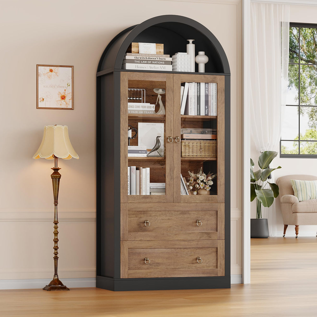 FINETONES 70" Arched Pantry Cabinet, Farmhouse Kitchen Pantry Arched Cabinet with Glass Doors and 2 Drawers, Versatile Kitchen Hutch Storage Organizer for Dining Room, Black/Brown FINETONES