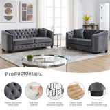BUIORD 2 Piece Modern Chesterfield Velvet 77" 3-Seater+59" Loveseat Sofa Set, Upholstered Tufted Backrests with Nailhead Arms and 4 Cushions for Living Room, Bedroom, Apartment Grey BUIORD