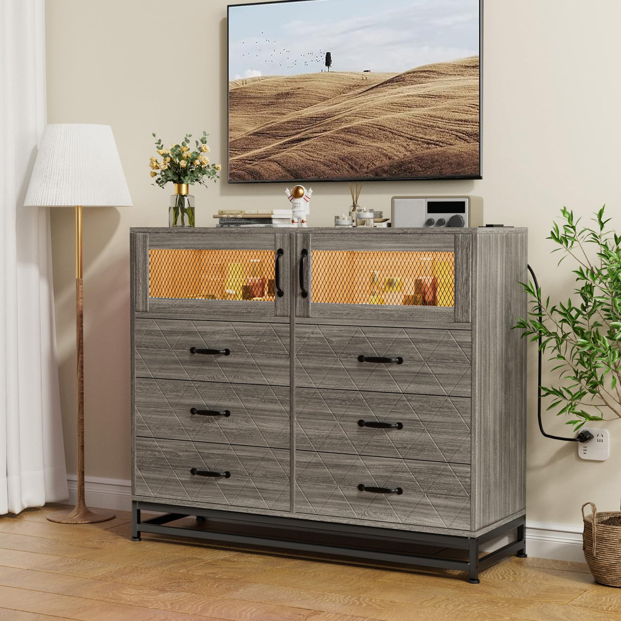 Grey Dresser for Bedroom with 6 Drawers 2-Door Storage Cabinet Dressers & Chest of Drawers with Charging Station and LED Lights, 8 Drawers Tall Dressers for Bedroom,Living Room,Hallway,Closet Takywep