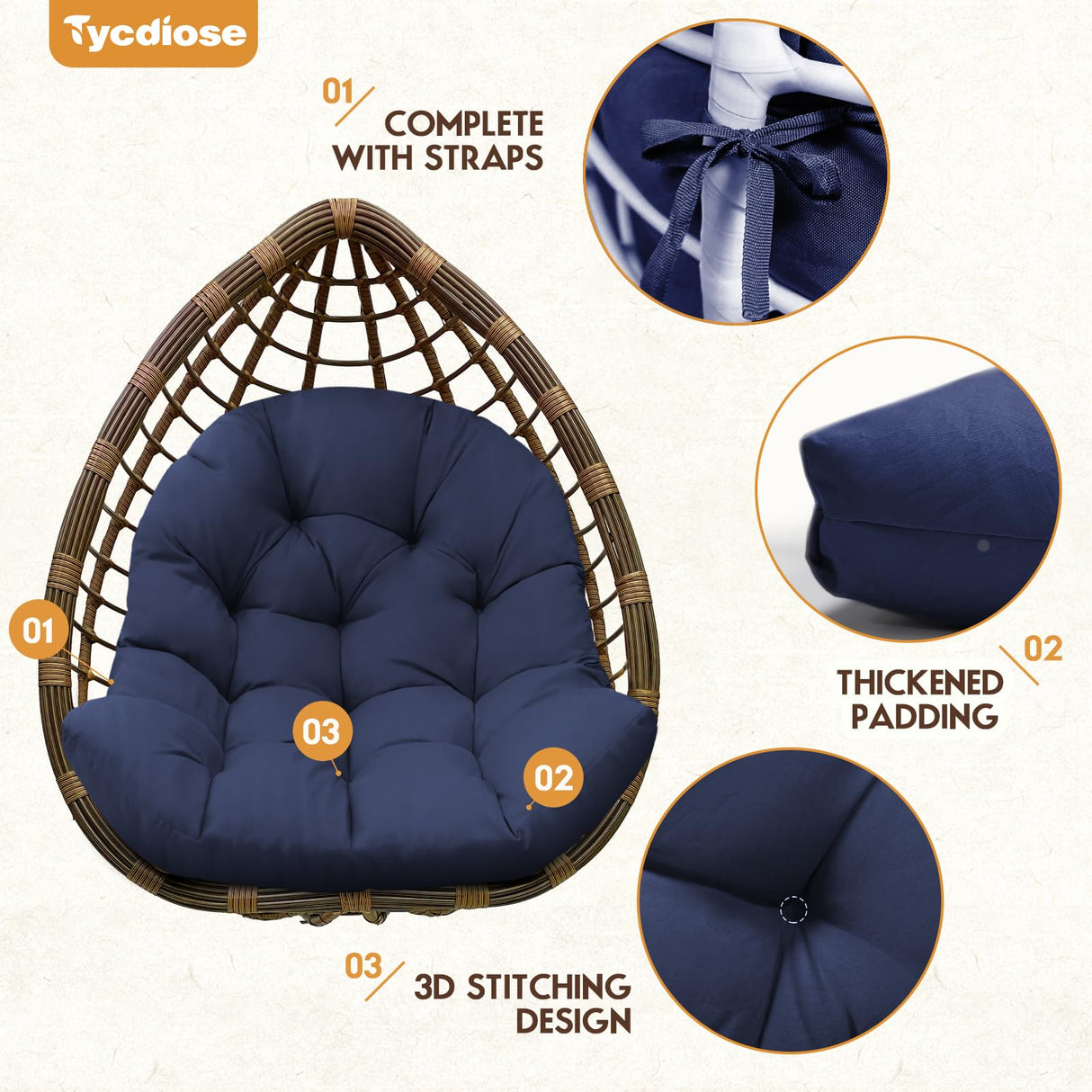Tycdiose Egg Chair Cushion Replacement, Waterproof Outdoor Hanging Egg Swing Chair Cushions Pads, U-Shaped Thickened Cushions for Hanging Eggs Chair with Ties, 47x33x7 Inches (Blue) Tycdiose
