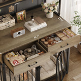 HITHOS 71" Tall Dog Crate Furniture, Indoor Dog Kennel with Hutch, 42" W Dog Cage for Large/Medium Dogs, Wood Dog Crates with 2 Storage Drawers, Heavy Duty Pet House, Rustic Brown HITHOS