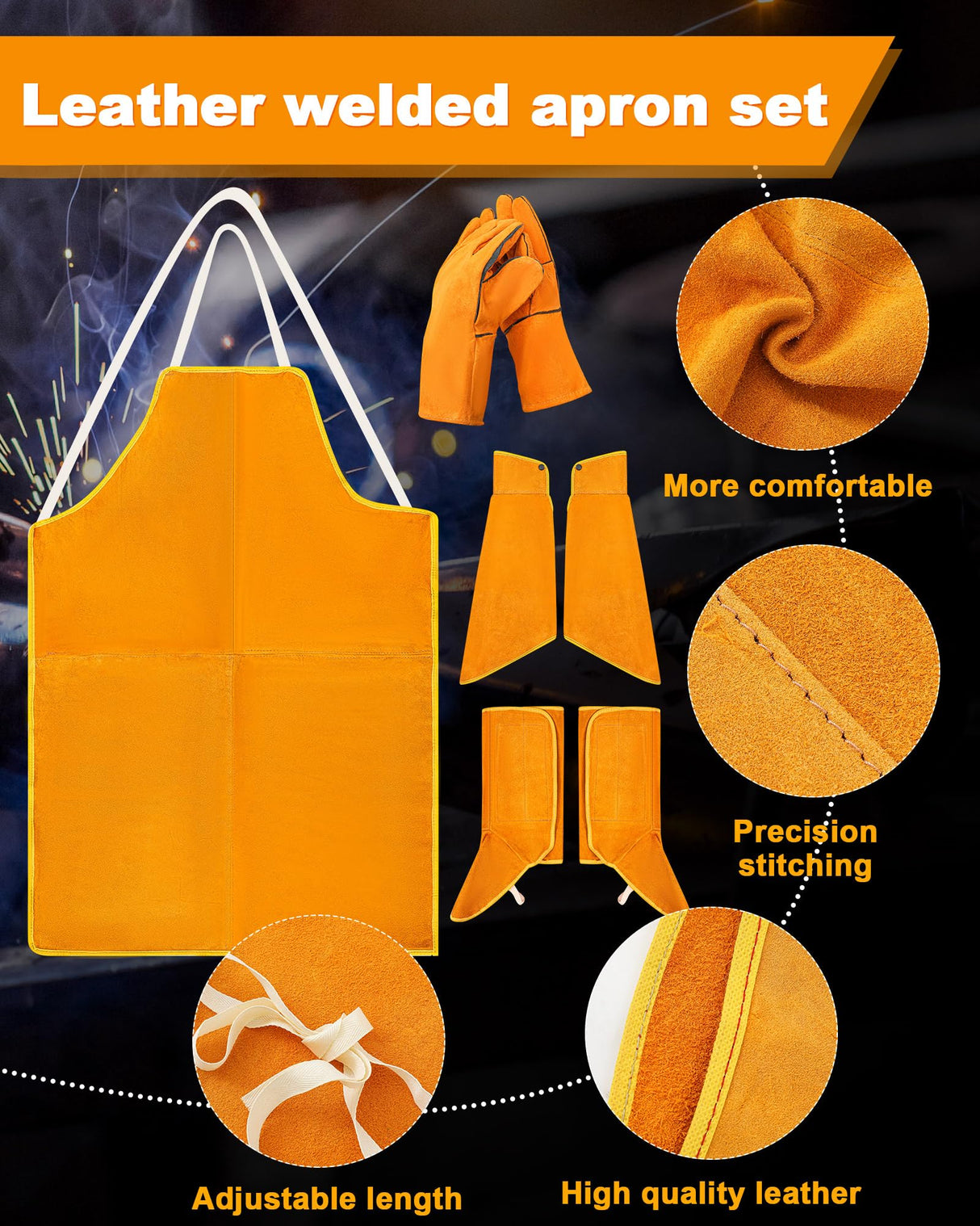 Jecery 5 Pcs Welding Flame Resistant 5 in 1 Set Include Cowhide Leather Welding Apron Welding Gloves Welding Sleeves Welding Spats Boot Covers Welding Hood with Light Lens and Neck Shoulder Protection Jecery