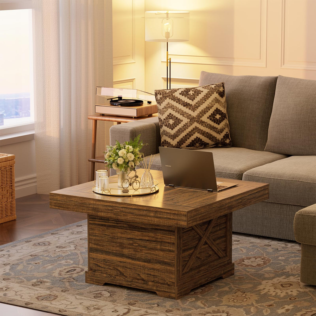 Lareth Coffee Table 31.5 in Rustic Center Table with X Design Wooden Pedestal for Living Room, Small Square Home Office Tea Accent Table for Dining Room Apartment, Walnut Lareth