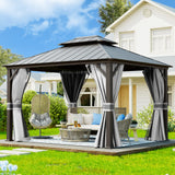 UDPATIO 10' x 12' Hardtop Gazebo, Galvanized Steel Double Roof Permanent Aluminum Gazebo, Outdoor Metal Pergolas with Mosquito Netting and Curtains for Garden, Parties, Patio, Deck, Lawns, Grey UDPATIO