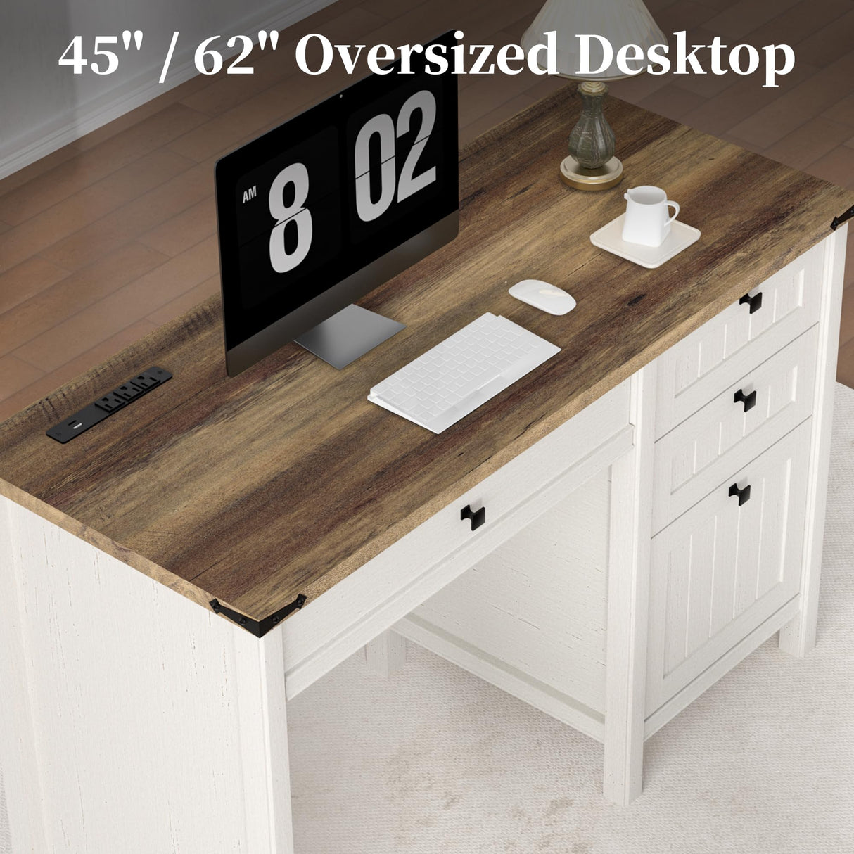 ENOUSHU Executive Desk, Farmhouse Computer Desk with Drawers & Cabinet, Home Office Desk for Work Study Writing Workspace (White, 45") ENOUSHU