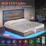 AMERLIFE Farmhouse Floating Queen Bed Frame with Recline Headboard and RGB LED Lights - Washed Gray AMERLIFE