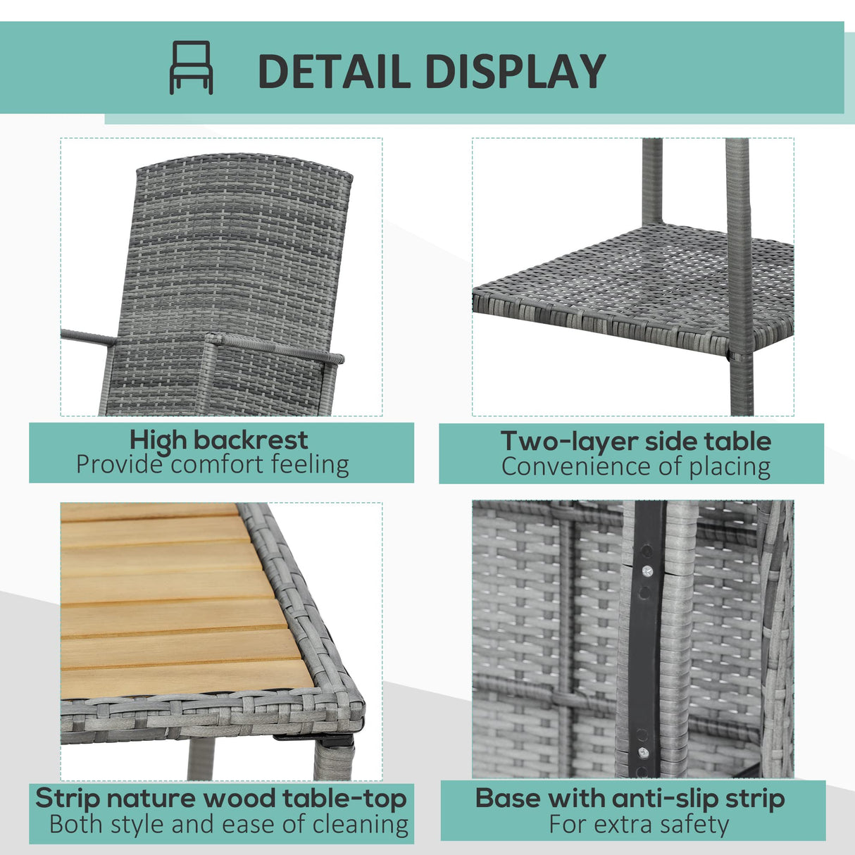 Outsunny 3 Piece Patio Rocking Chair Set, 2 PE Wicker Rocking Chairs, Cushioned, 1 Two-Tier Wood Slat Coffee Table, Rattan Front Porch Furniture, Gray Outsunny