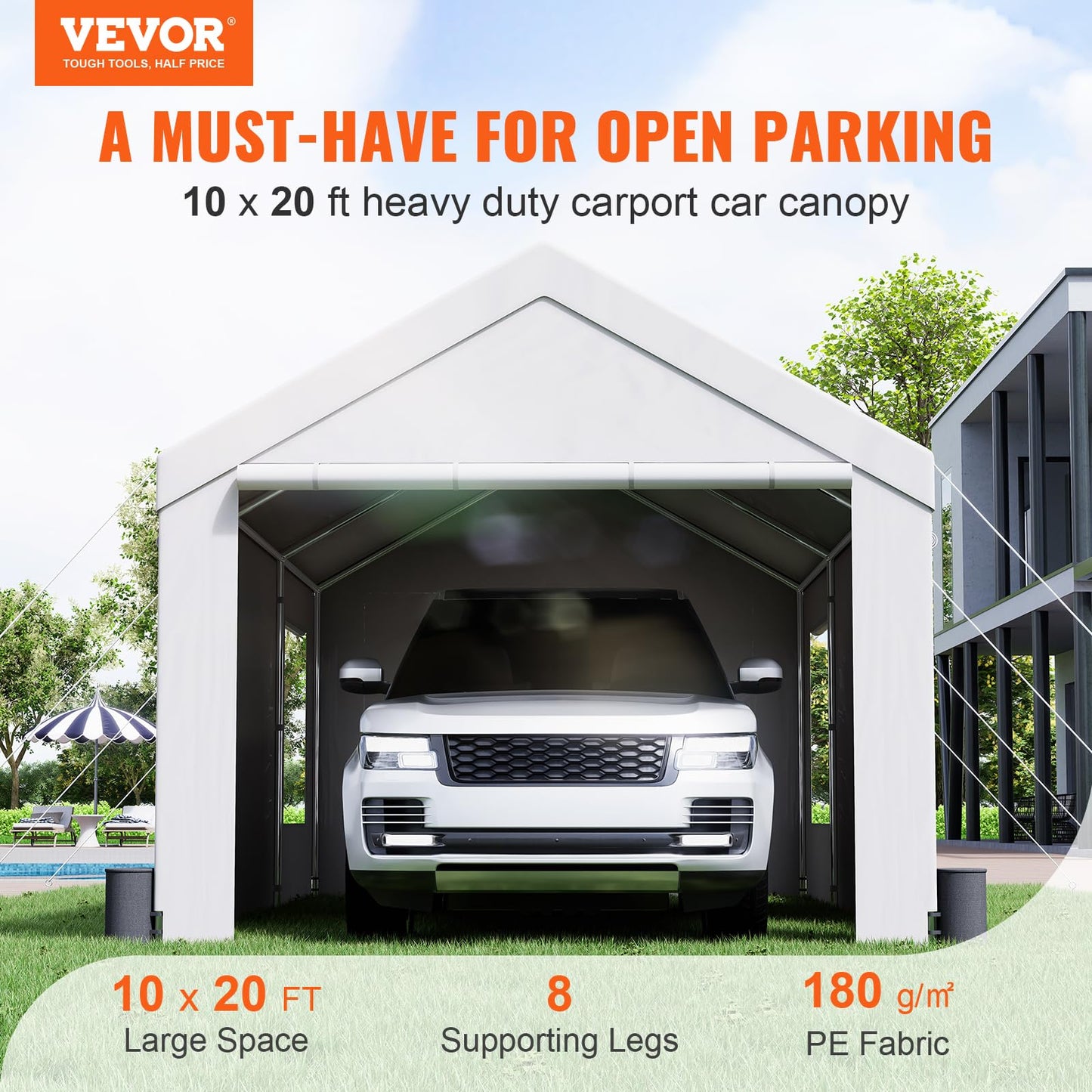 VEVOR Carport, 10x20 ft Heavy Duty Portable Garage with Roll-up Windows, Removable Sidewalls & Doors, UV Resistant Waterproof All-Season Car Canopy for Car, Truck, SUV, Boat, F150