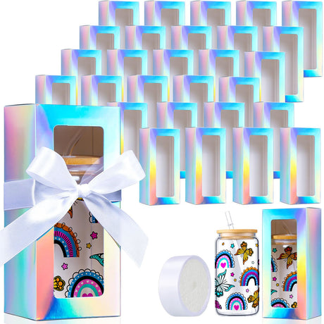 FillTouch 60 Pcs Gift Boxes with Ribbon for Sublimation Glass Exhibition Boxes Transparent Gift Box for 12oz 16oz 20oz Drinking Glasses Jar Sublimation Glass Can Blank Tumbler Gift Box (Laser Color) FillTouch