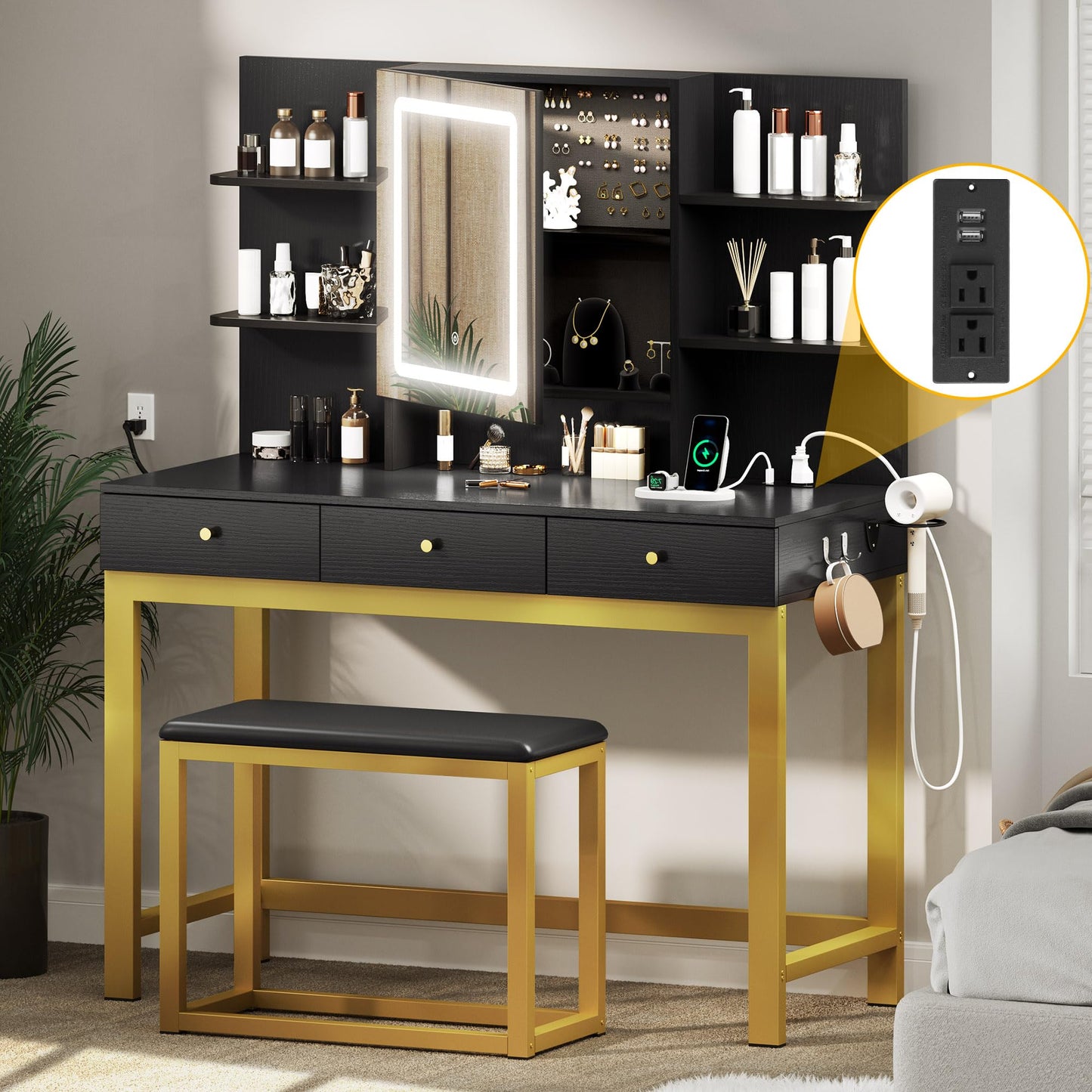 YITAHOME Makeup Vanity Desk Set with Mirror and Lights & Charging Station & Makeup Stool, 3 Drawers Vanity Table with 3 Hidden Storage Shelves for Bedroom (Black & Gold) 39.5" W, Upgraded