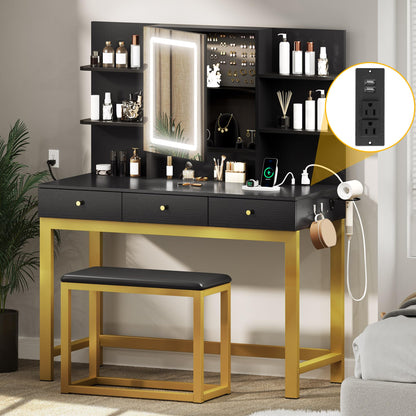 YITAHOME Makeup Vanity Desk Set with Mirror and Lights & Charging Station & Makeup Stool, 3 Drawers Vanity Table with 3 Hidden Storage Shelves for Bedroom (Black & Gold) 39.5" W, Upgraded