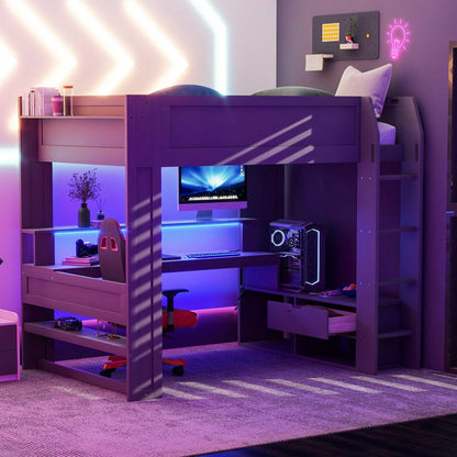 HZXINKEDZSW Full Size Wood Gaming Loft Bed with Desk, Storage Shelves, LED Lights, and Charging Station in Grey - WoodArtSupply