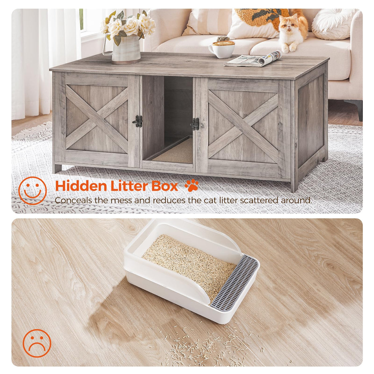 MAHANCRIS Cat Litter Box Enclosure for 2 Cats, 47.2" Hidden Cat Litter Box Furniture with Double Room, Wooden Cat Washroom Cabinet with Scratching Board, Indoor Cat House End Table, Greige CWHG1201 MAHANCRIS